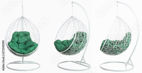 Garden wicker furniture. Hanging swing with stand and soft pillow. Set of three angles on a white background.