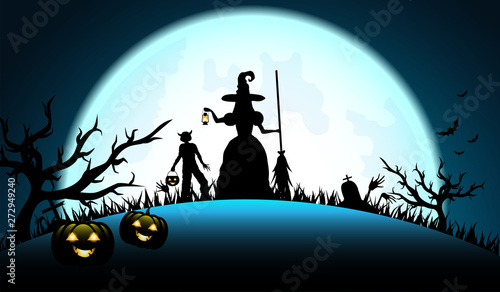 Halloween pumpkins with bat and Moon background, illustration.Vector