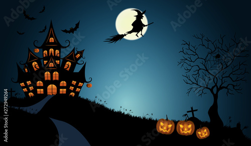 Halloween pumpkins with bat and Moon background.