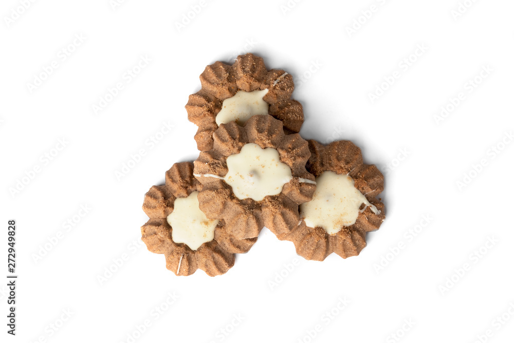 Chocolate shortbread cookies isolated on white background.