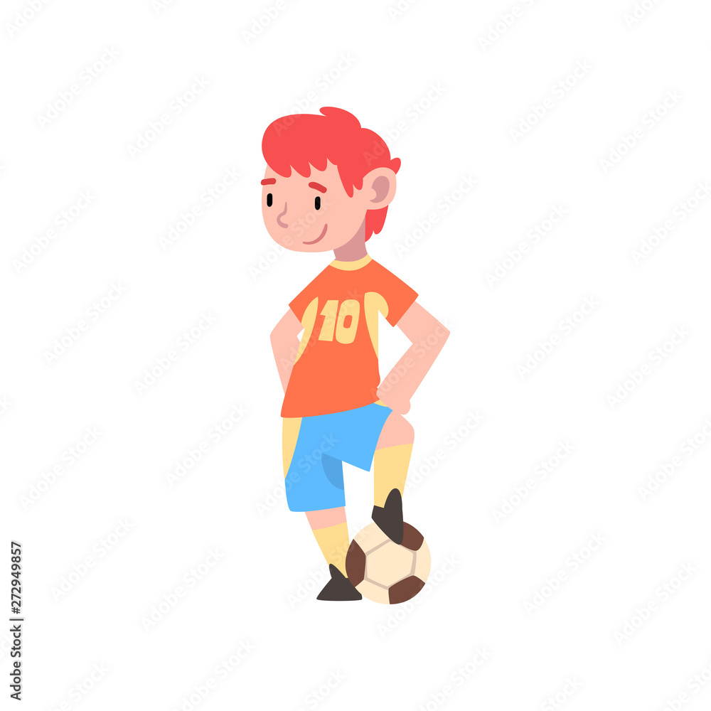 Boy Soccer Player, Cute Kid Character in Uniform Playing with Ball Vector Illustration