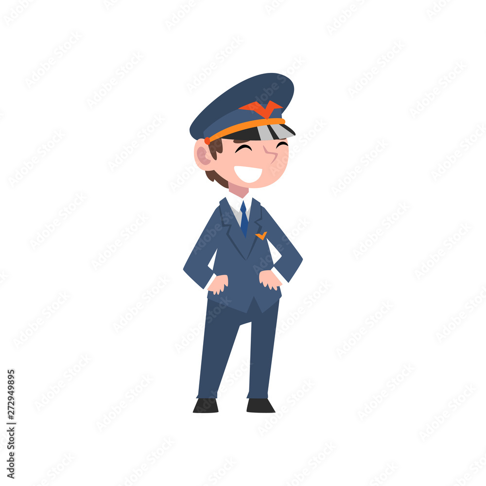 Cute Boy Dressed as Pilot, Kids Future Profession, Smiling Boy in Blue Uniform Vector Illustration