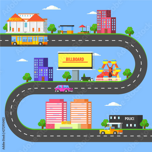 Map of Small Town Part, Summer Urban Landscape with Roads, City Transport and Public Buildings Vector Illustration