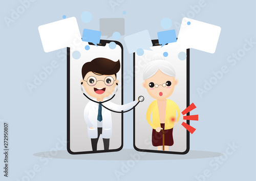 Mobile doctor. Smiling doctor on the phone screen. Medical internet consultation. Healthcare consulting web service. Hospital support online. Vector,illustration.