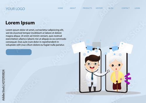 Mobile doctor. Smiling doctor on the phone screen. Medical internet consultation. Healthcare consulting web service. Hospital support online. Vector,illustration.