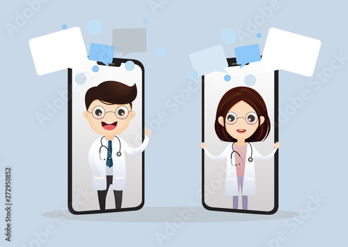 Mobile doctor. Smiling doctor on the phone screen. Medical internet consultation. Healthcare consulting web service. Hospital support online. Vector,illustration.