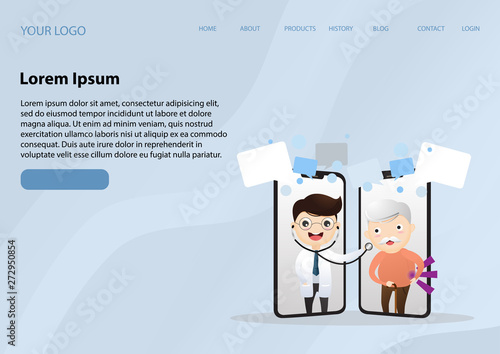 Mobile doctor. Smiling doctor on the phone screen. Medical internet consultation. Healthcare consulting web service. Hospital support online. Vector,illustration.