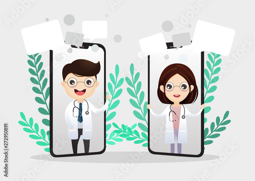 Mobile doctor. Smiling doctor on the phone screen. Medical internet consultation. Healthcare consulting web service. Hospital support online. Vector,illustration.