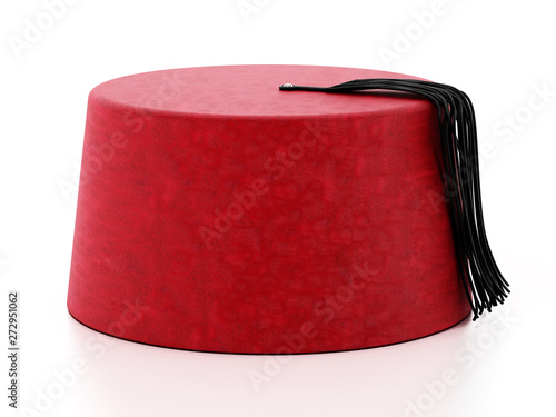 Red fez hat with black tassel. 3D illustration