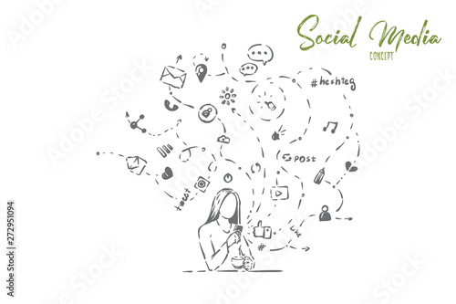 Trendy lifestyle, young woman holding smartphone and hot drink, likes, comments, hashtags, social media pastime