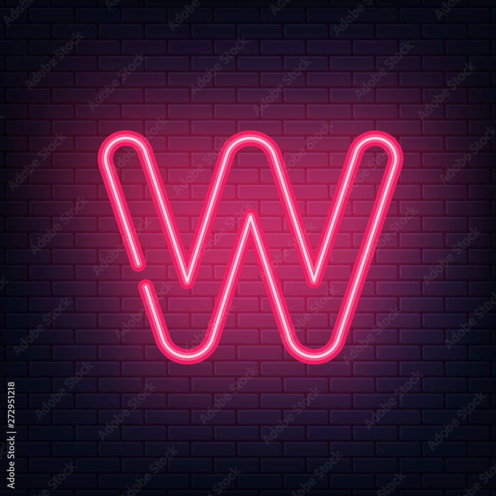 Glowing red neon letters. Realistic bright font on dark brick wall. Vector illustration of eps 10.