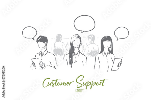 Young workers in headphones, assistants with empty speech bubbles, telemarketing operators, marketing business