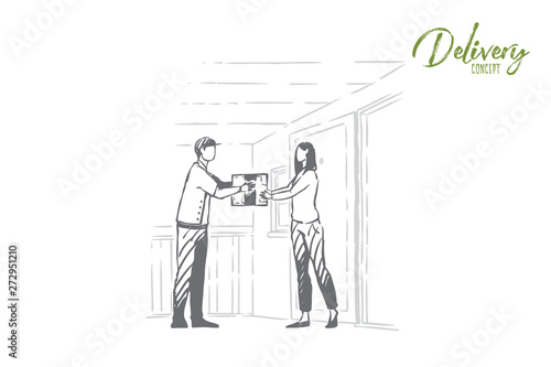 Young courier gives customer cardboard box, woman receives mail, postman profession, logistics