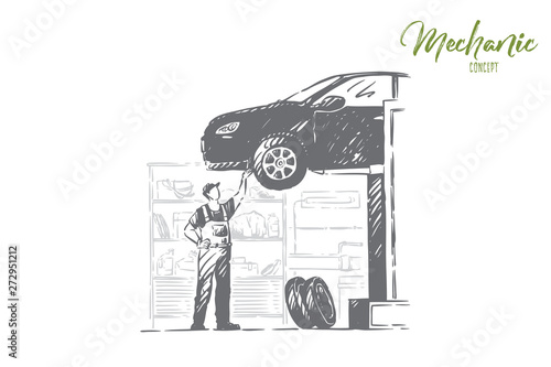 Car repair shop, vehicle workshop, young mechanic in overalls, faceless repairman, handyman fixing auto