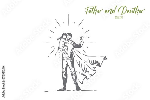 Strong super dad holding daughter, best father with little child, superhero in costume, hero in cape, cloak