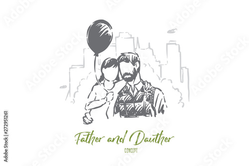 Dad and little daughter hugging, happy fatherhood, child holding balloon, bonding, parent with kid outdoor