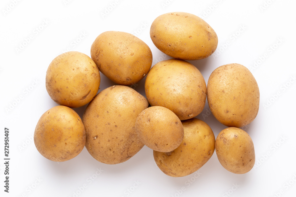 Potatoes isolated on white background. Flat lay. Top view. Potatoes isolated on white background. Flat lay. Top view.