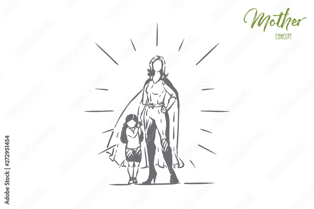 Obraz premium Best mother and daughter holding hands, female superhero in costume with cape, little girl with parent, motherhood