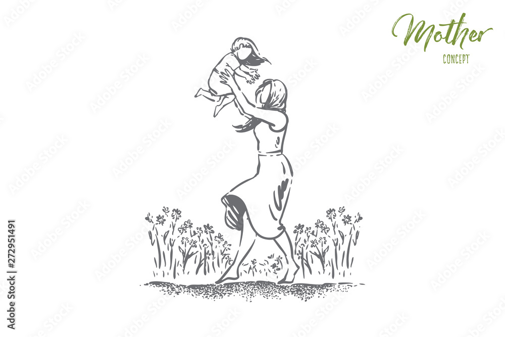 Obraz premium Young woman holding little child, single mom and kid spend time together, feminine happiness, happy parenting