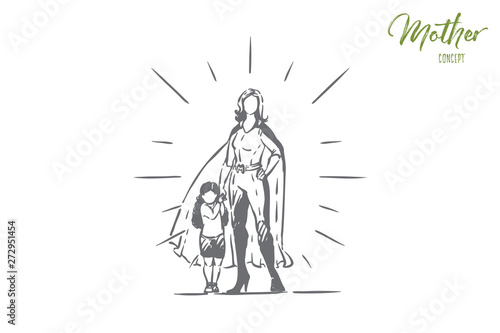 Best mother and daughter holding hands, female superhero in costume with cape, little girl with parent, motherhood © drawlab19