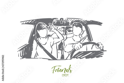 Family travel, friends group going on road trip, adventure, young men and women ride in car, journey, tourism