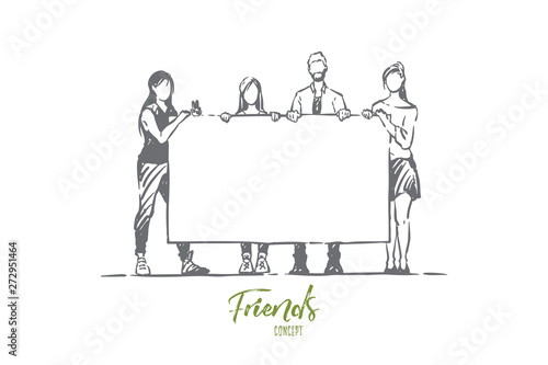 Men and women holding empty placard, surprise birthday party, congratulations, young friends, sociology