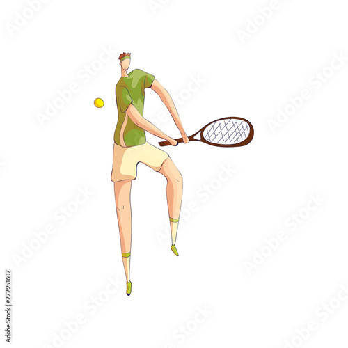 Tennis player beats off the ball while holding the racket with both hands. Vector illustration on white background.