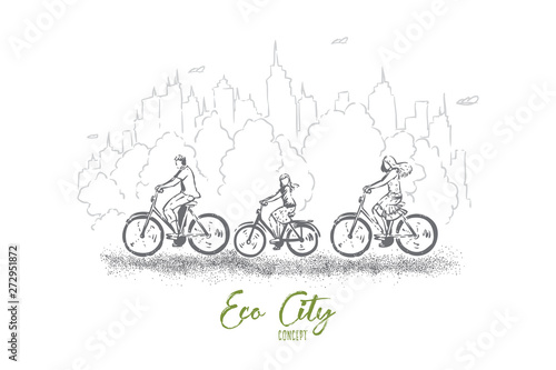 Riding bicycles through park, spending weekend with children, healthy lifestyle choices, balance between nature and city