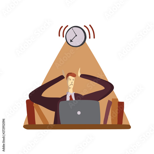 Man dissatisfied with the alarm bell. Vector illustration on white background.