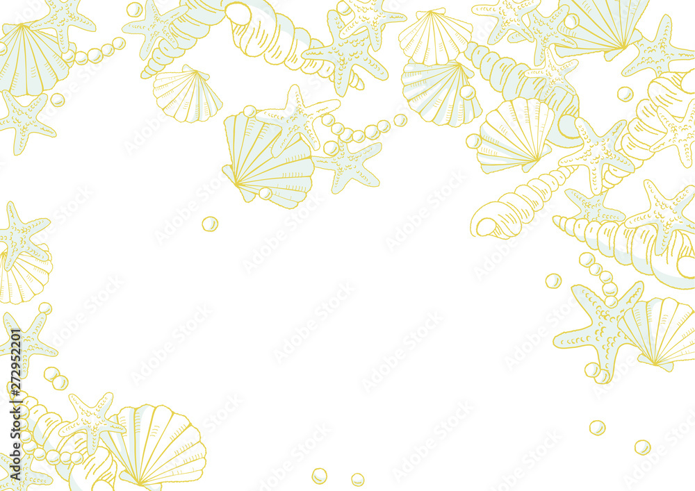手描きの貝殻と真珠とヒトデの海辺イメージのキラキラ背景イラスト Stock Vector Adobe Stock 手描きの貝殻と真珠とヒトデの海辺イメージのキラキラ背景イラスト Stock Vector Adobe Stock