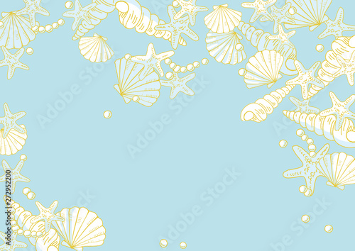 手描きの貝殻と真珠とヒトデの海辺イメージのキラキラ背景イラスト