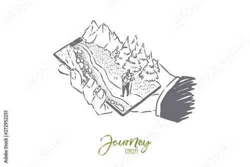 Hand holding smartphone with backpacker in forest, journey on phone display, outdoor recreation metaphor