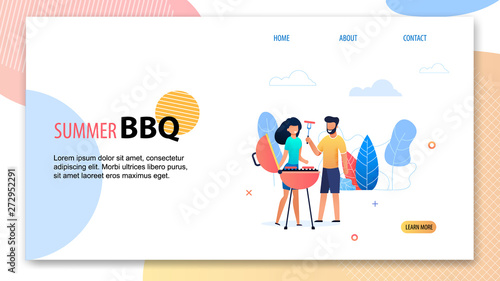 Summer BBQ Party. Cartoon Man Woman near Grill