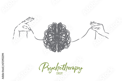 Scribble brain, hands untangling mind thread, problem solving metaphor