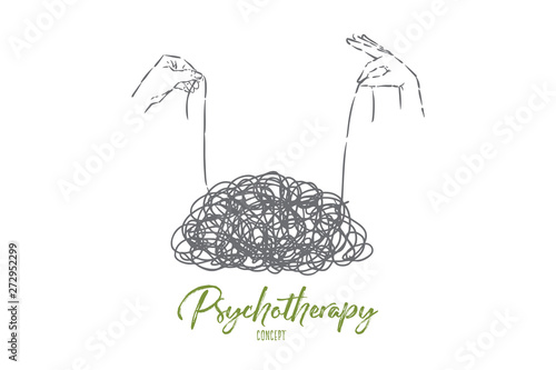 Clew untangling, hands holding thread ends, unravel tangle, messy mind, confusion, psychotherapy metaphor