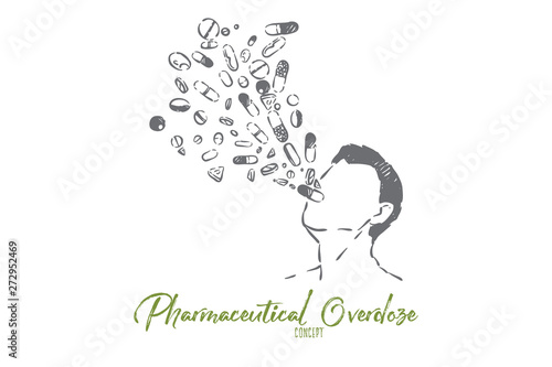 Medications overdose, pharmaceutical industry danger, medicines and drugs addiction metaphor