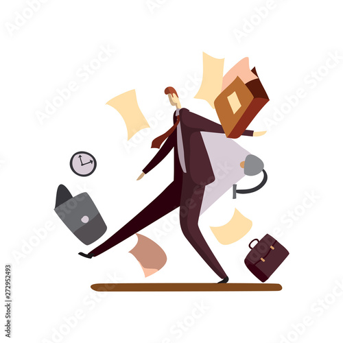 Man in a suit kicks a laptop with his foot. Vector illustration on white background.