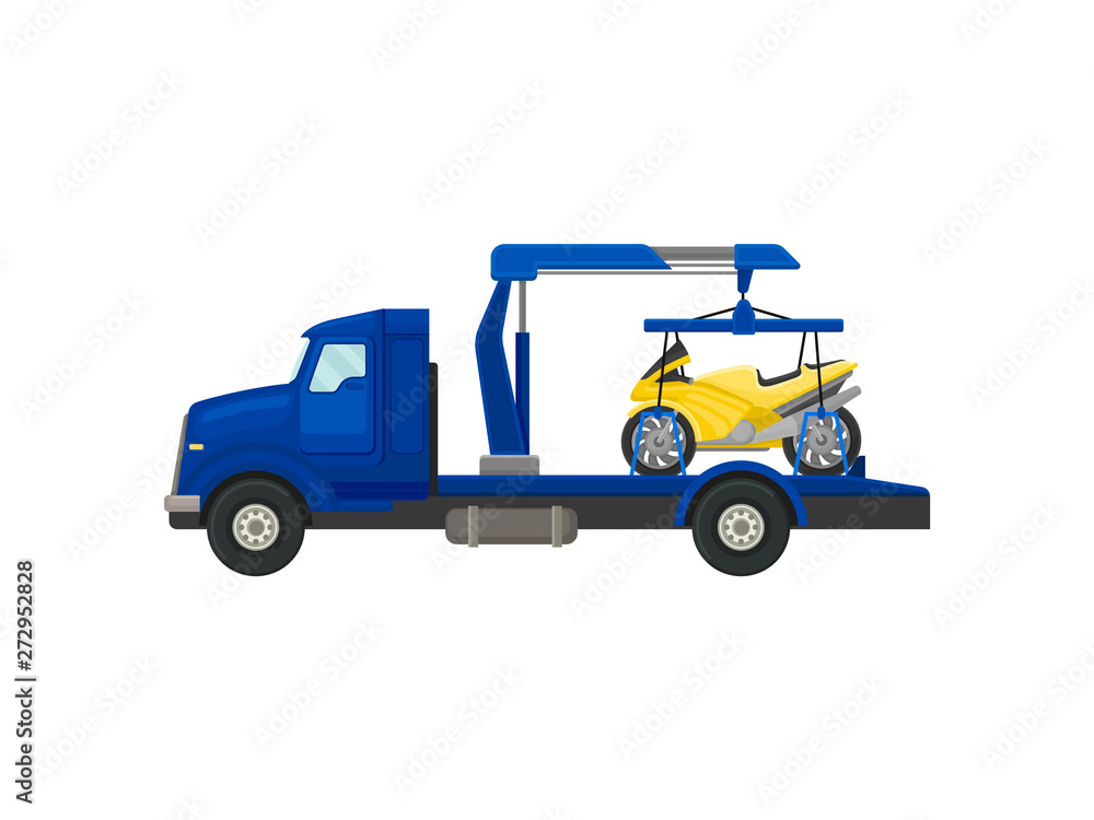 Tow truck with a load on the platform. Vector illustration on white background.