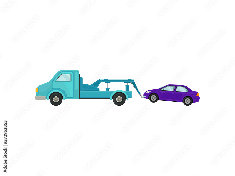 Tow truck pulls a car. Vector illustration on white background.
