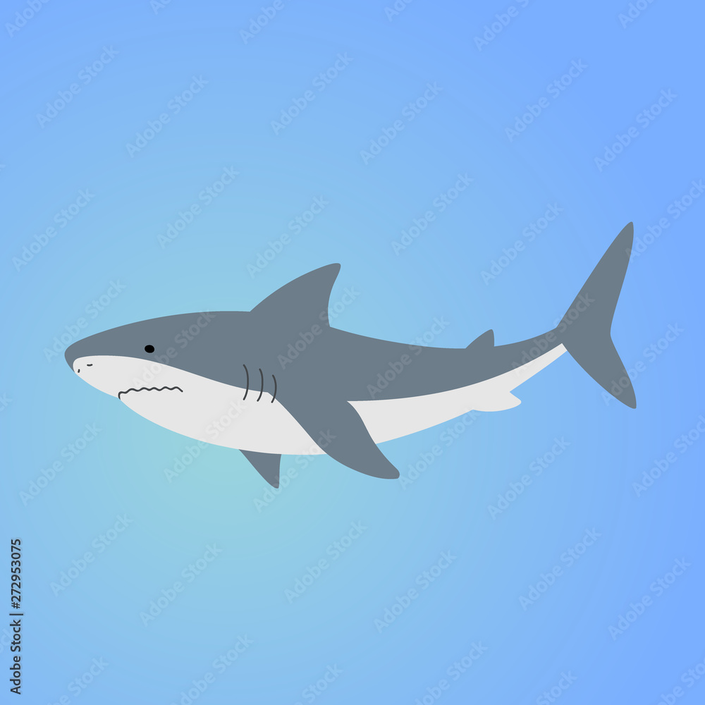 Fototapeta premium Isolated shark on blue background. Sea animal, fish. Colorful shark in blue ocean.
