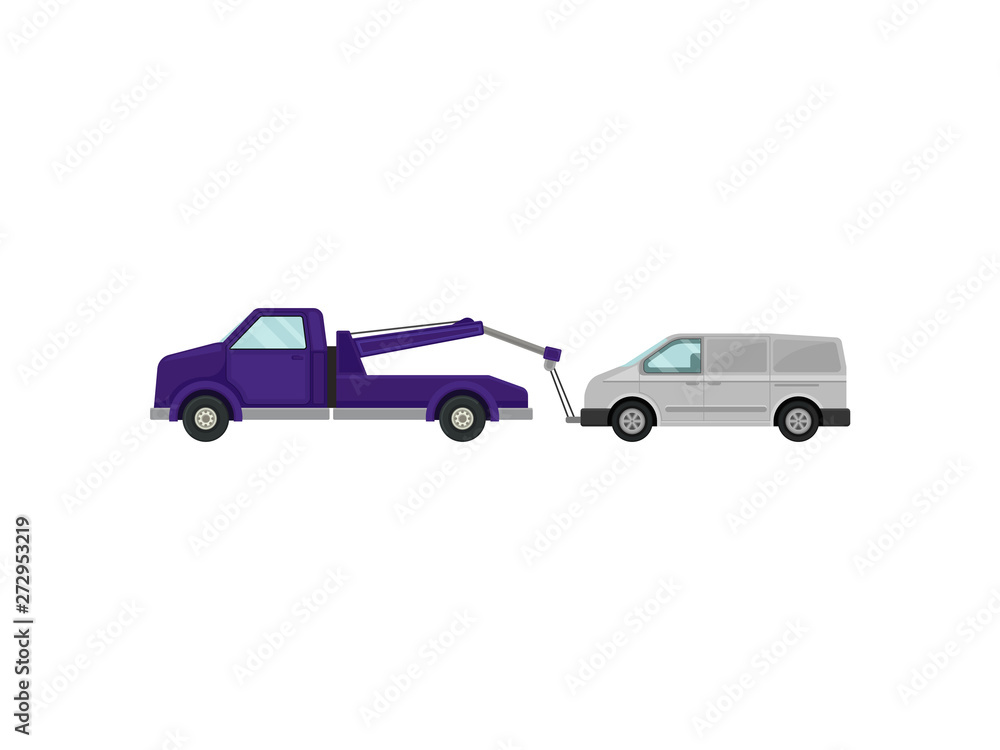 Tow truck pulls minivan. Vector illustration on white background.