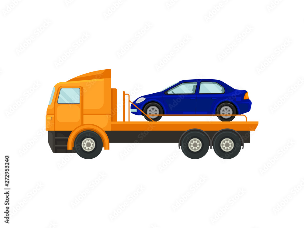 Tow truck carries a car on the platform. Vector illustration on white background.