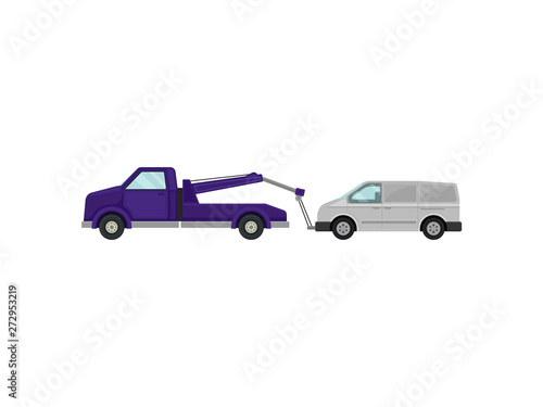 Tow truck pulls minivan. Vector illustration on white background.