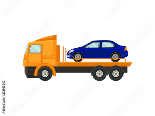 Tow truck carries a car on the platform. Vector illustration on white background. © Happypictures