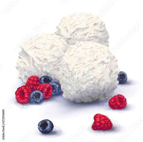 Vector three balls of delicious cream ice cream in a restaurant, very rich taste, made from natural organic products. Flavour vanilla, creme brulee. Fresh raspberry, blueberries. Hand-drawn, realistic