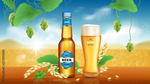 Wheat craft beer. Golden beer, refreshing alcoholic drink brewed from wheat and hops in glass bottle and lying spikelets on natural background, vector ads promotional banner.
