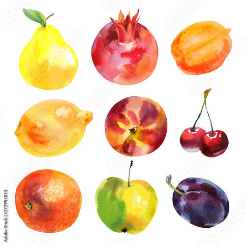 Set of fresh watercolor fruits. Isolated illustration on white background photo