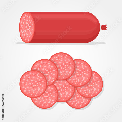 Salami sausage and slices isolated on white background. Vector illustration.