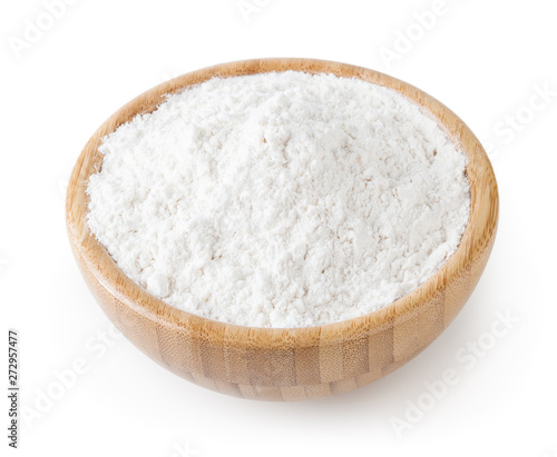 Wheat flour in wooden bowl isolated on white background with clipping path