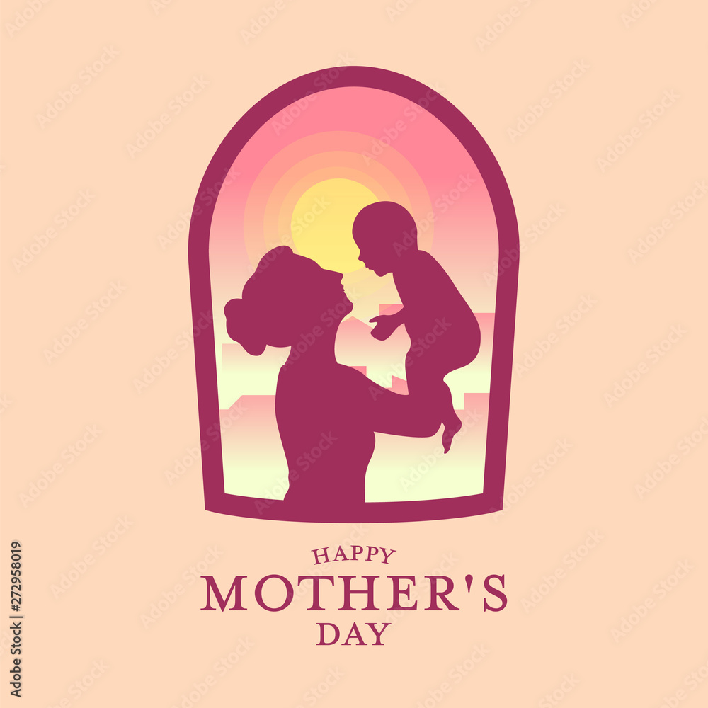 Happy Mother's day banner with Silhouette father carrying a baby in window view and ptng background vector design Happy Mother's day banner with Silhouette father carrying a baby in window view and ptng background vector design